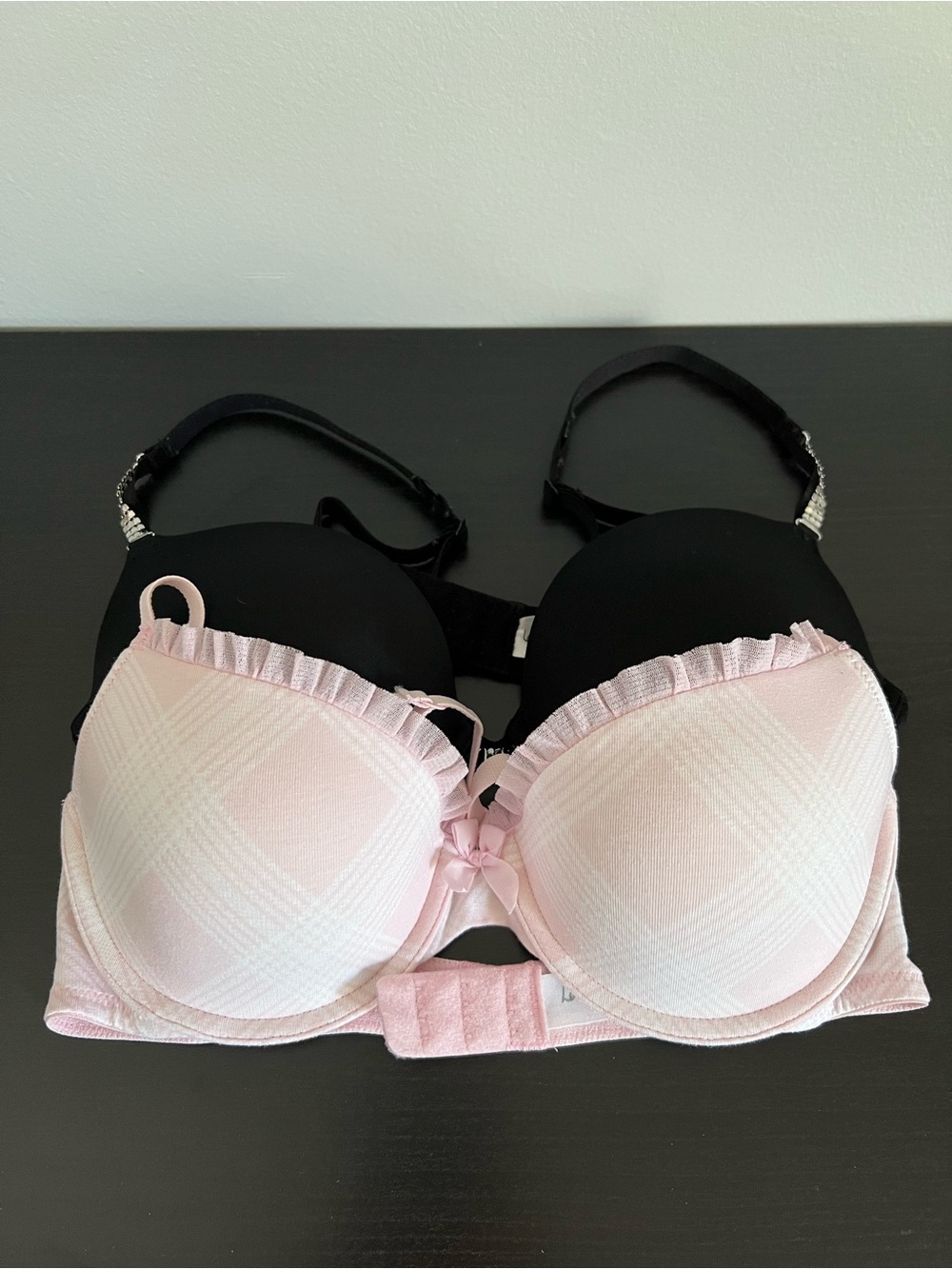 Two La SENZA Bras | Pink Ruffle Lined and Black Convertible Push-Up Bra | 34B